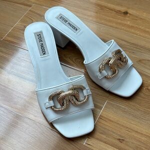 Steve Madden White Mules with Gold Chain Detail